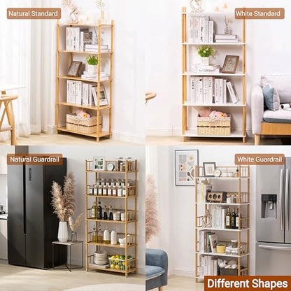5-Tier Expandable Freestanding Open Bamboo Book Shelf - No-Tool Assembly & Modular,Bathroom Storage Shelf Unit Plant Stand for Small Space, Bedroom, Living Room, Home Office (Natural, 5-Tier WithRail) - color: Natural 5-tier-2