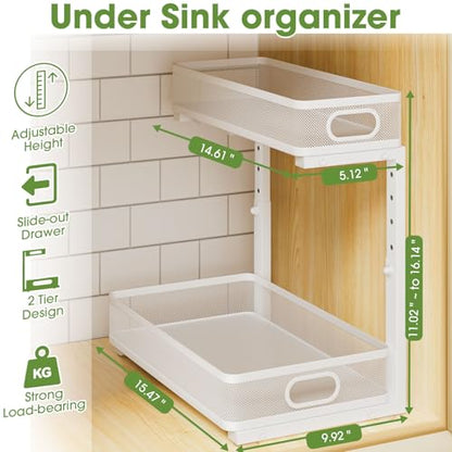 Under Sink Organizer 4-Pack, Metal 2-Tier Pull-Out Cabinet Shelf with Slide-Out Mesh Drawers, Height Adjustable, Space-Saving Storage Racks for Kitchen, Bathroom, Laundry Room, White - color: White-4 Pack