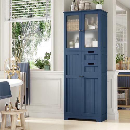 BOTLOG 67'' Tall Bathroom Storage Cabinet, Linen Cabinet with Glass Doors and Adjustable Shelves, Kitchen Pantry with 2 Drawers for Bathroom, Living Room, Dining Room, Blue | 2 Drawers, Linen Bathroom Cabinet with Glass Doors and Shelves for Living Room,