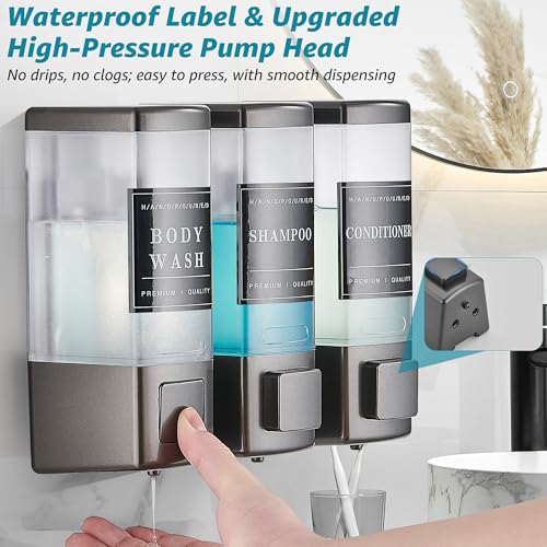 Shower Shampoo Dispenser 3 Chamber No Drill, Grey | Wall Mounted, Large Capacity 3×16.9oz, ABS Plastic Material, Refillable With Labels, For Bathroom Hotel - color: Dm35-grey