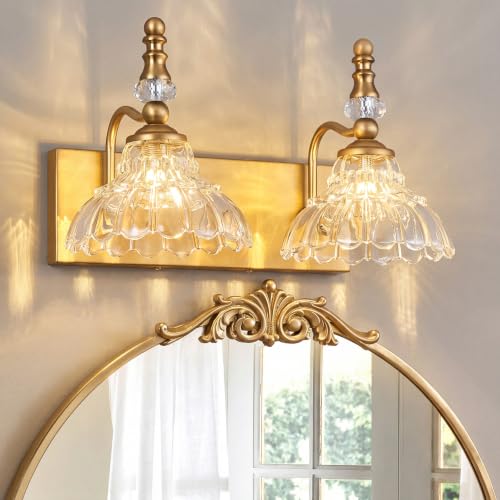 Vintage Bathroom Vanity Light, 2-Light Brass Vanity Lighting Fixture with Flower Glass Shade, Bathroom Lighting Fixtures Over Mirror - color: B-Brass, size: 2-light