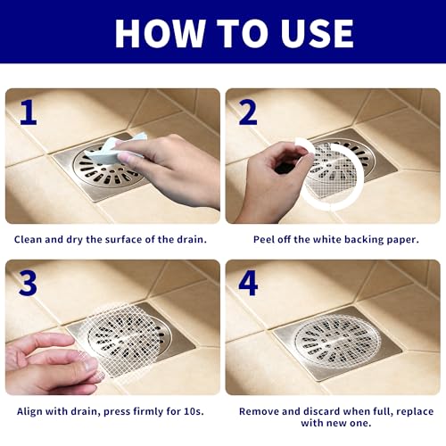 Disposable Shower Drain Hair Catcher, 30pcs Strong Adhesive Drain Cover Strainer for Shower, Bathtub and Vanity Sink, Waterproof Mesh Filter Stickers to Prevent Clogs, Tear-Resistant