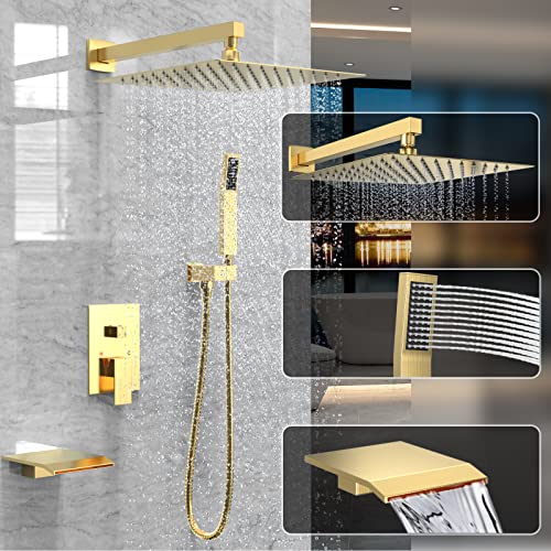 Brushed Gold Shower System Rain Faucet Set with Tub Spout, 10 inch | All-Metal Wall Mounted Bathroom Shower Faucet Set with Safe Pressure Balance Valve, Water Saving High Pressure Rainfall Head - color: Brushed Gold, style: 10in with Tub spout