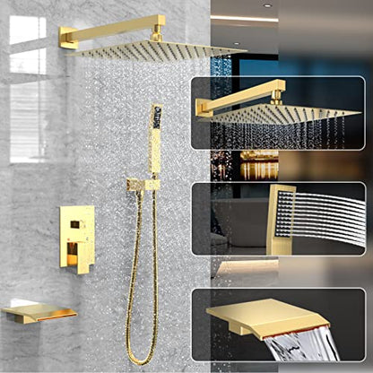 Brushed Gold Shower System Rain Faucet Set with Tub Spout, 10 inch | All-Metal Wall Mounted Bathroom Shower Faucet Set with Safe Pressure Balance Valve, Water Saving High Pressure Rainfall Head - color: Brushed Gold, style: 10in with Tub spout