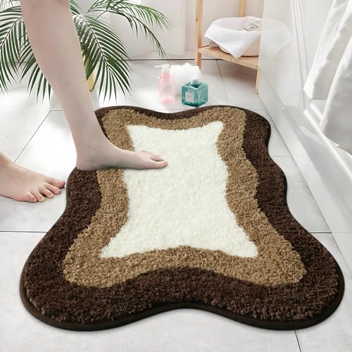 HAOCOO Cute Non Slip Bath Mats, 20x31 inch Luxury Extra Soft Brown Bathroom Rugs, Irregular Shape Washable Floor Mat for Under Sink Bathtub Shower - color: Brown, size: 20x31 inch (Irregular)