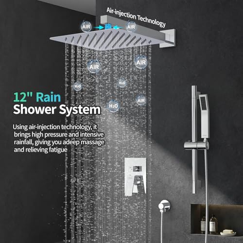 SR SUN RISE 12 Inch Slide Bar Shower System, Square Rain Shower Head and Handheld Spray, Wall Mounted Shower Faucets Sets Complete Included Valve and Shower Trim Kit, Polished Chrome | Rain Head and Handle System,16" Adjustable Shower Slide Bar,Soild Bras