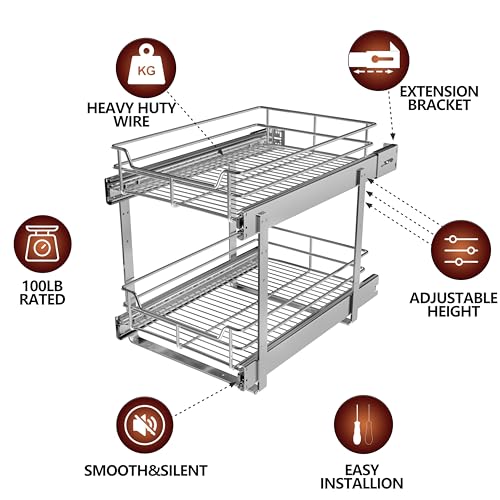 2-Tier Cabinet Pull Out Shelves, 9" W x 22" D | Heavy-Gauge Wire Sliding Shelves, 100 lbs Limit, Ball-Bearing Glides, 3 Heights, Min 9" Opening, For Spices & Under Sink - size: 9 x 22 Inch