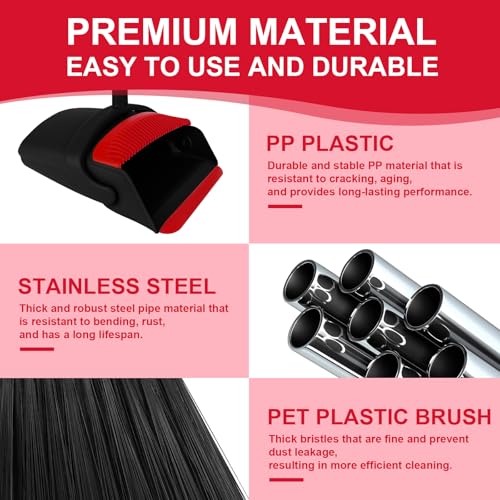 Broom and Dustpan Combo Set, 51" Long Handle with Silicone Squeegee | Wet & Dry Cleaning for Pet Areas, Built-in Comb Dustpan, Foldable Space-Saving Storage, Multi-Surface Floor Cleaning - color: Red