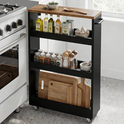 TEAMIX Wood 4-Tier Slim Rolling Storage Cart, 7.9"W, 24.8"D, 36.7"H, Black | Height Adjustable, 360°Swivel Wheels, Deeper & Taller, Use as Narrow Kitchen Cart, Laundry Organizer Between Washer & Dryer - color: Black