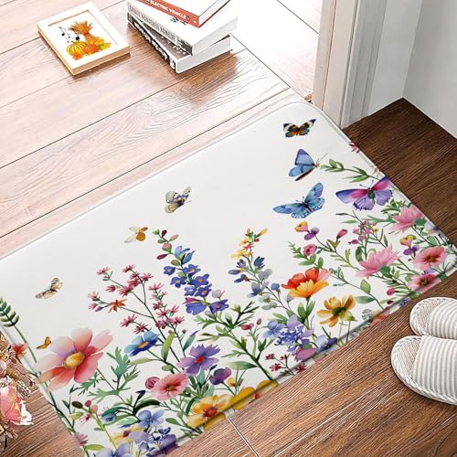 Floral Butterfly Bath Mat Rug Colorful Flower Vintage Wildflower Garden Watercolor Rustic 24"x60" Microfiber Memory Foam Bathroom Kitchen Toilet Floor Mat - size: 2' x 5' (Rectangular)