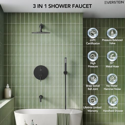 10" High-Pressure Rainfall Shower System with Handheld Spray, Wall Mount Bathroom Shower Faucet Set with Tub Spout (Matte Black) - color: Matte Black, style: With Tub Spout