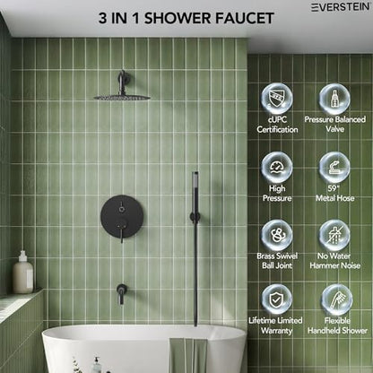 10" High-Pressure Rainfall Shower System with Handheld Spray, Wall Mount Bathroom Shower Faucet Set with Tub Spout (Matte Black) - color: Matte Black, style: With Tub Spout