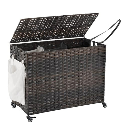 Laundry Hamper with Wheels, 60.72 Gallon(230L) Rolling Laundry Basket with Lid, Removable Large 3 Color Liners & 3 Mesh Laundry Bags, Clothes Hamper with Side Pocket, Brown - color: Brown, size: 35.43"L x 15.75"W x 25.6"H