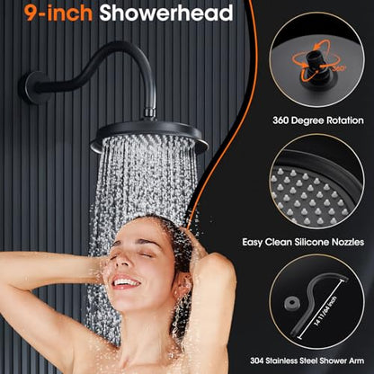 Rainfall Shower System Shower Faucet Set, Luxury, Antique, Matte Black | 9 Inch Shower Head and Handheld Spray, Pressure Balance Valve, Wall Mounted, Bathroom, Shower Trim Kit - color: Matte Black, style: With Handheld