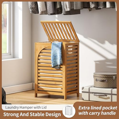 Laundry Hamper with Lid (16.9 * 13 * 26.5inches) Large Bamboo Laundry Bin Basket 85L Clothes Hamper with 1 Removable Bag Storage baskets for Bathroom(Natural) - color: Natural