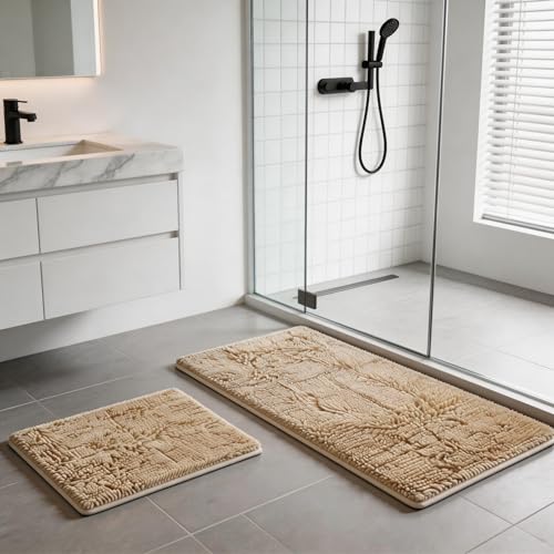 RUN HELIX Beige Bath Mat Set - 32"L x 20"W + 24"L x 16"W, Non Slip, Machine Washable, Home Decor - color: Beige