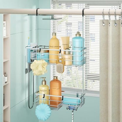 HapiRm Hanging Shower Caddy Organizer - No Drilling Shower Shelves with Hooks and Toothbrush Holder, Rustproof 304 Stainless Steel Bathroom Organizer - Silver - color: Silver