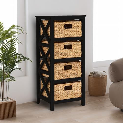 4 Tier X-Side End Storage Cabinet, Black | 4 Wicker Baskets, End Table, Side Table - color: Black, size: 14"D x 14"W x 32.1"H (4 Drawers)