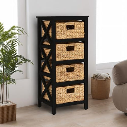 4 Tier X-Side End Storage Cabinet, Black | 4 Wicker Baskets, End Table, Side Table - color: Black, size: 14"D x 14"W x 32.1"H (4 Drawers)