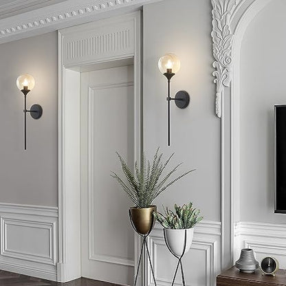 KCO Lighting Mid Century Modern 1-Light Wall Sconce Lighting Set of Two Matte Black Globe Vanity Wall Light Fixture Set of 2 Amber Glass Bathroom Wall Lamp Industrial Long Pole Wall Sconce - color: Black+Amber