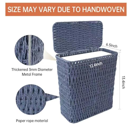 Coeusy 3 Gallon Paper Rope Bathroom Trash Can,Small Wicker Trash Cans with Lid and Liner,Woven Rattan Narrow Waste Basket for Bedroom,Office,Blue - color: Blue