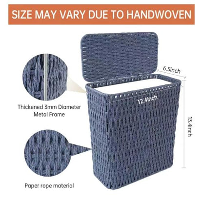 Coeusy 3 Gallon Paper Rope Bathroom Trash Can,Small Wicker Trash Cans with Lid and Liner,Woven Rattan Narrow Waste Basket for Bedroom,Office,Blue - color: Blue