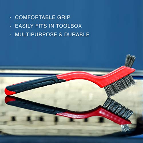 Wire Brush Set 3Pcs - Nylon/Brass/Stainless Steel Bristles with Curved Handle Grip for Rust, Dirt & Paint Scrubbing with Deep Cleaning – 7 Inches (Red) - color: Red