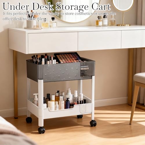 2 Tier Rolling Cart with Wheels for Under Desk Storage, Heavy Duty Plastic Short Small Utility Cart for Small Space Bathroom Vanity Makeup Organizer Pantry, 4.7'' Deep Baskets for Tall Bottles - size: 2-tier