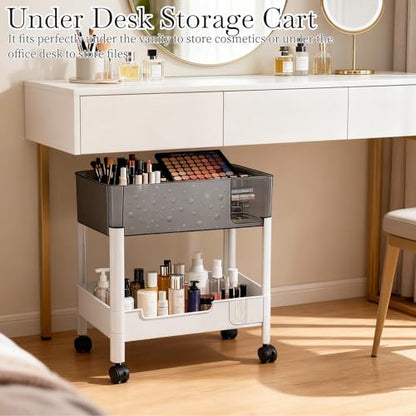 2 Tier Rolling Cart with Wheels for Under Desk Storage, Heavy Duty Plastic Short Small Utility Cart for Small Space Bathroom Vanity Makeup Organizer Pantry, 4.7'' Deep Baskets for Tall Bottles - size: 2-tier