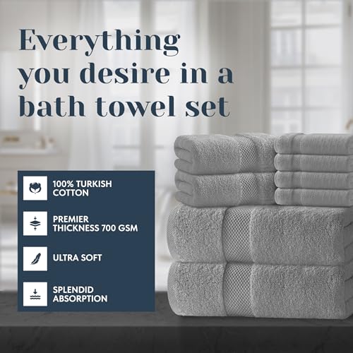 White Classic Luxury Bath Towel Set of 8 Pieces - 100% Turkish Cotton Highly Absorbent Towels for Bathroom, 2 Luxury Bath Towels 700GSM, 2 Hand Towels, 4 Washcloths, Light Gray - color: 02: Light Grey