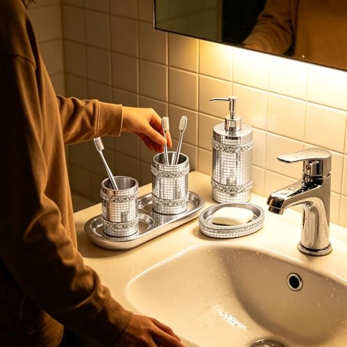 Silver Bathroom Accessories Set, Mosaic Decoration 4-piece Set | Deluxe silver mosaic bathroom 4-piece set,including soap dispenser,soap tray,toothbrush cup,partitioned toothbrush holder - size: 4 Pc Set
