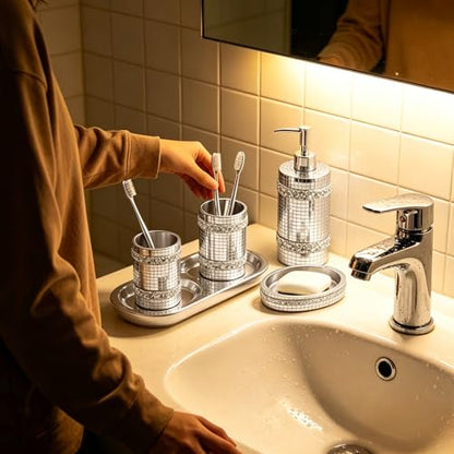 Silver Bathroom Accessories Set, Mosaic Decoration 4-piece Set | Deluxe silver mosaic bathroom 4-piece set,including soap dispenser,soap tray,toothbrush cup,partitioned toothbrush holder - size: 4 Pc Set
