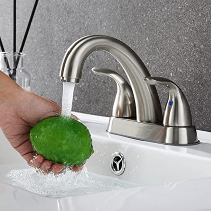 2 Handle Bathroom Sink Faucet, with Pop up Drain & Supply Lines, 4 Inch Centerset Brushed Nickel Faucet for Lavatory Bathroom Sink, Professional Modern Vessel Deck Mount Vanity rv Faucet | 4 Inch Centerset Faucet for Lavatory Bathroom Sink, Professional M