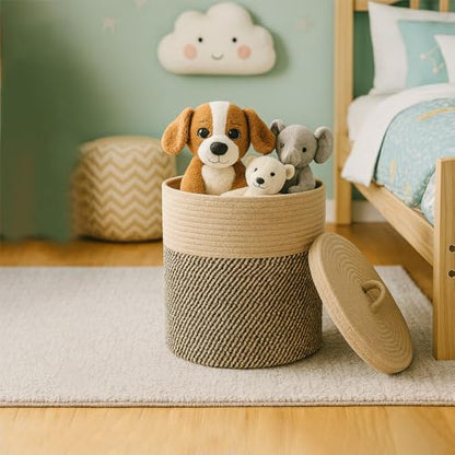 Yimi's Dream Cotton Rope Storage Basket with Lid, Brown & Black Soft Bin | Round Woven Lidded Basket for Blankets, Toys, Laundry, Nursery, Living Room, and Home Organization(11.5''D * 13.5''H) - color: 1 PACK-Brown&Black-LIDDED