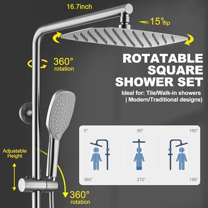 SonTiy 12-Inch Rain Shower Head with Handheld Spray and Shower Shelf, All Metal Shower System Kit with Hand Shower, Height Adjustable Holder and Brass Diverter, 1.8GPM, Brushed Nickel - color: Brushed Nickel, style: 1.8 Gallons Per Minute-Square