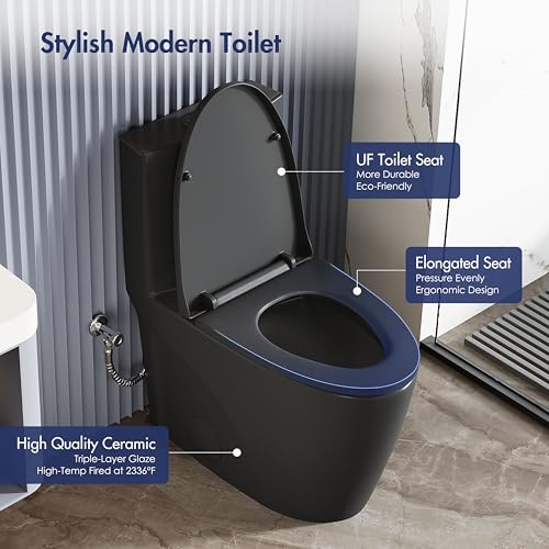 Elongated One Piece Toilet, Dual Flush 1.1/1.6 GPF, Matte Black | ADA Compliant 17" chair height bowl, Powerful siphon dual flush, 12" rough-in, comfort soft closing seat, Matte black toilet - color: Matte Black