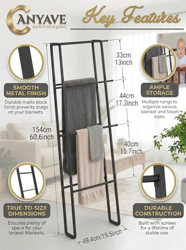 CANYAVE Metal Leaning Ladder Towel Rack, 4-Tier Blanket Stand for Bathroom Living Room, No Drilling Quilt Storage Organizer (Matte Black) - color: Matte Black