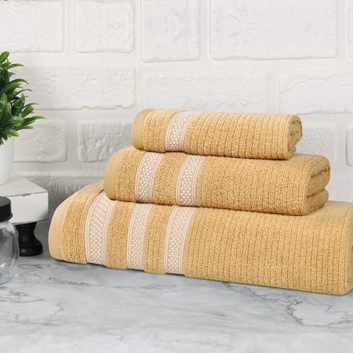 Superior Cotton 3-Piece Towel Set, Zero Twist, Ribbed Geometric, Bathroom Essentials, Shower, Spa, Luxury Plush Soft Absorbent Towels, Includes 1 Bath, 1 Hand, 1 Washcloth/Face Towel, Gold - color: Gold, size: 3 Piece Towel Set