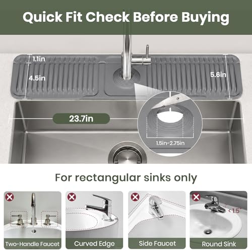 24 Inch Faucet Mat for Kitchen Sink, Silicone Splash Guard for Kitchen Sink Area, 7° Slope Fast Self-Draining Sink Mat, Cuttable Hole Design, Sink Backsplash Guard Draining Mat, Dark Grey - color: Dark Grey