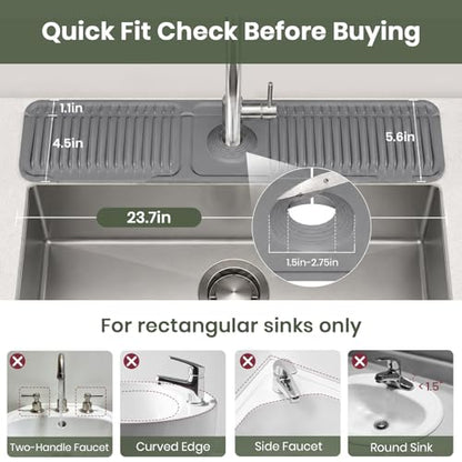 24 Inch Faucet Mat for Kitchen Sink, Silicone Splash Guard for Kitchen Sink Area, 7° Slope Fast Self-Draining Sink Mat, Cuttable Hole Design, Sink Backsplash Guard Draining Mat, Dark Grey - color: Dark Grey
