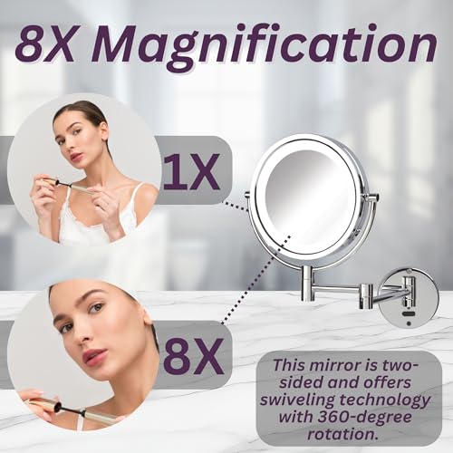 JERDON Lighted Wall-Mount Makeup Mirror - 8X - Chrome - JRT9500CL | Two-Sided Sensor Activation, 8.5" Round Frame, Swivel, 14" Wall Arm - color: Chrome