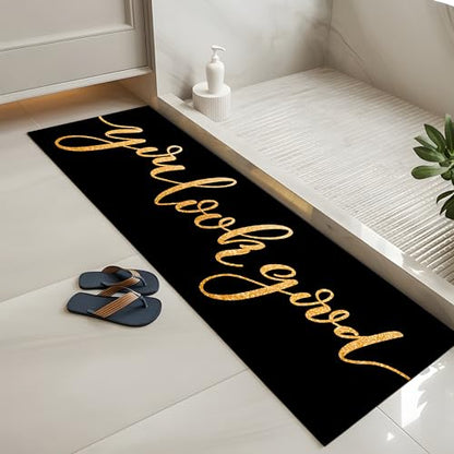 Black and Gold Bathroom Rugs Long You Look Good Bath Mats Funny Bathroom Decor Non Slip Floor Mat Absorbent Quick Dry Bath Rugs for Sink Shower Bathtub 17X47 Inch - size: 1'5" x 3'11" (Rectangular)