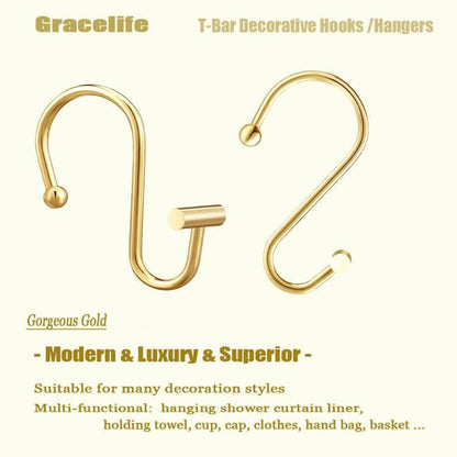 Gracelife Gold Rust Resistant Metal Shower Curtain Rings, Set of 12, T-Bar Hooks for Shower Rod - color: Gold