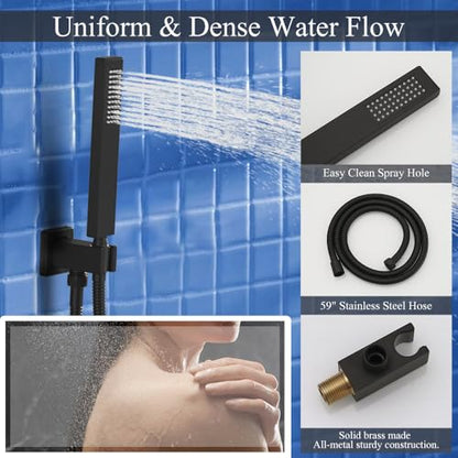 16 Inch Matte Black Ceiling Mount Shower System Bathroom Luxury Rain Mixer Shower Combo Set Ceiling Rainfall Shower Head System Faucet Contain Rough-in Valve and Trim Included - color: Matte Black, size: 16 Inch