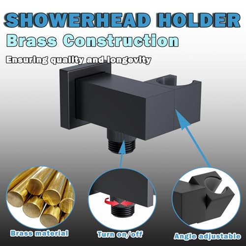 Bathroom Brass Water Supply Elbows Wall Mount Hand Held Shower Head Bracket with On/Off Flow Control Holder Angle Adjustable, Matte Black - color: Matte Black