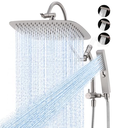 G-Promise All Metal 12 Inch Rain Shower Head with Handheld(Brushed Nickel) | All Metal Construction, Pause Mode, 13 Inch Adjustable Gooseneck Arm, Massage Function Hand Shower, Easy Installation - color: Brushed Nickel, size: 12 Inch