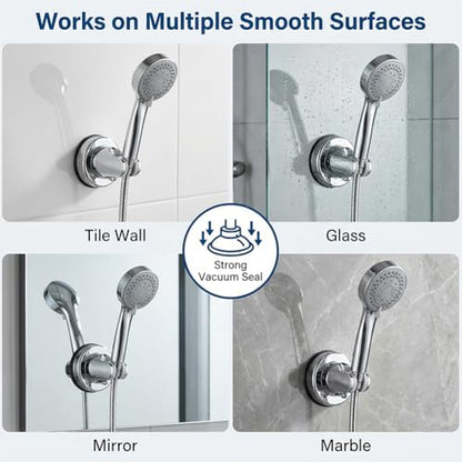 Shower Head Holder, No Drill Strong Suction Cup Shower Head Bracket, Adjustable Height & Angle Wall Mount for Handheld Showerhead, Reusable Tool-Free