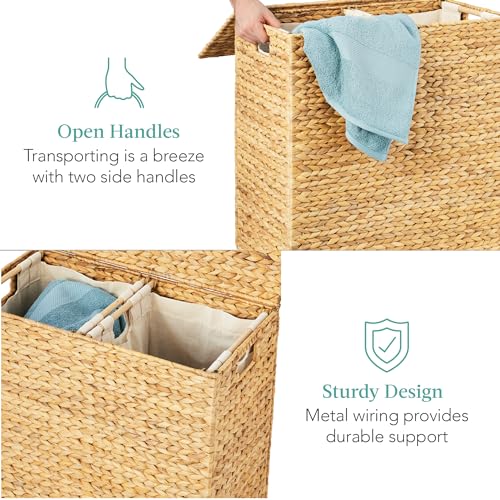 Best Choice Products Large Double Laundry Hamper with Lid, Natural Handwoven Water Hyacinth, 2 Sections w/ 2 Machine Washable Linen Liner Bags, Portable, Handles - Natural - color: Natural