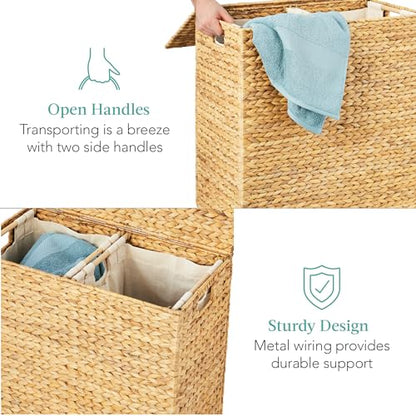 Best Choice Products Large Double Laundry Hamper with Lid, Natural Handwoven Water Hyacinth, 2 Sections w/ 2 Machine Washable Linen Liner Bags, Portable, Handles - Natural - color: Natural