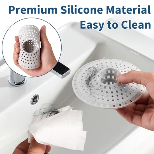 3Pcs Silicone Hair Catcher Shower Drain for Bathtub & Sink Trap/Strainer | 3 Pack Anti-Clog Collapsible Tub Protector Cover, Pet Hair Stopper fit 1 1/2" to 1 5/8'' Bathroom, Shower Stall & Sink Drains - color: Grayishwhite